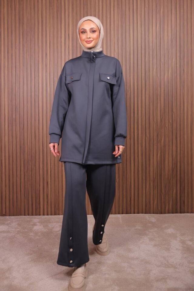 Balenbi Kadın Scuba Kumaş Pantolon Düğme Detaylı Tesettür Takım 1122 XL - Antrasit