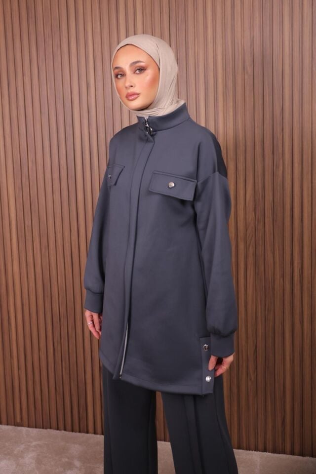 Balenbi Kadın Scuba Kumaş Pantolon Düğme Detaylı Tesettür Takım 1122 XL - Antrasit