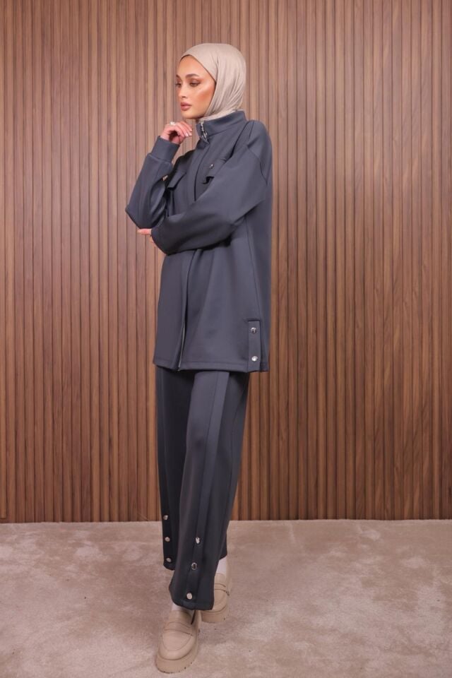 Balenbi Kadın Scuba Kumaş Pantolon Düğme Detaylı Tesettür Takım 1122 XL - Antrasit