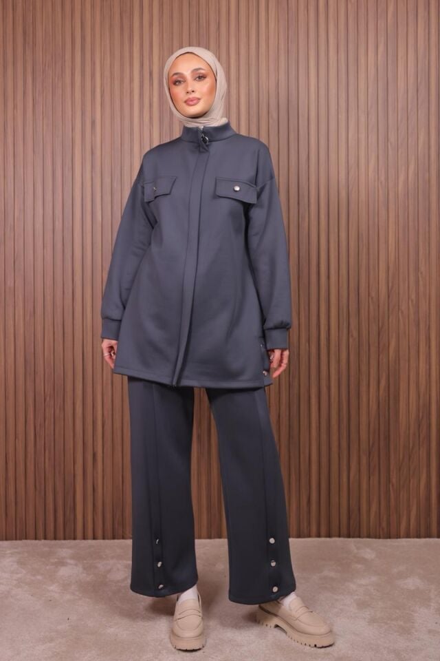 Balenbi Kadın Scuba Kumaş Pantolon Düğme Detaylı Tesettür Takım 1122 Antrasit - XL