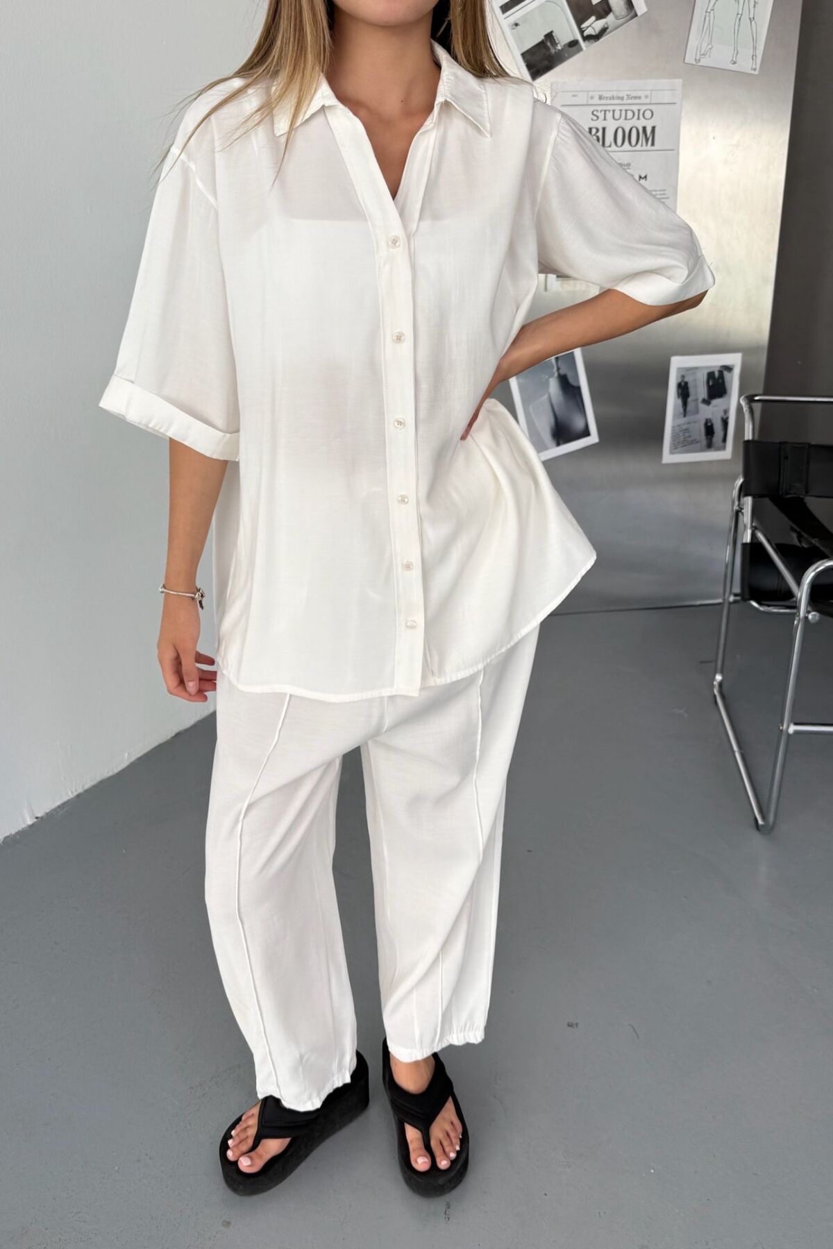 Feela Moda Kadın Modal Dokuma Kısa Kol Salaş Takım 2014 36 - Beyaz