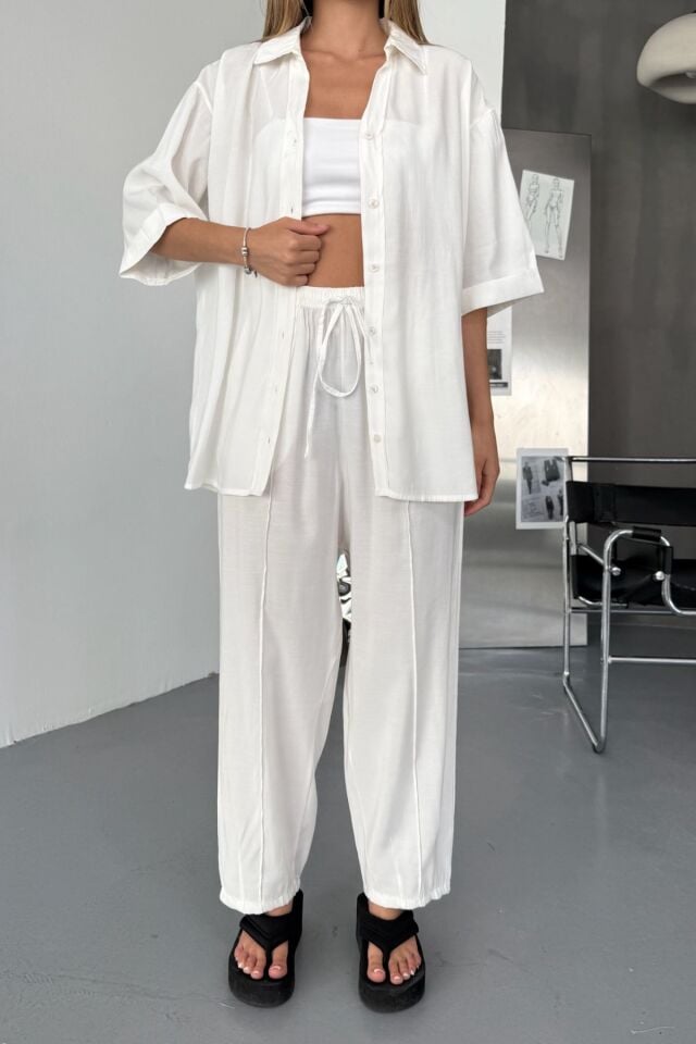 Feela Moda Kadın Modal Dokuma Kısa Kol Salaş Takım 2014 Beyaz - 36