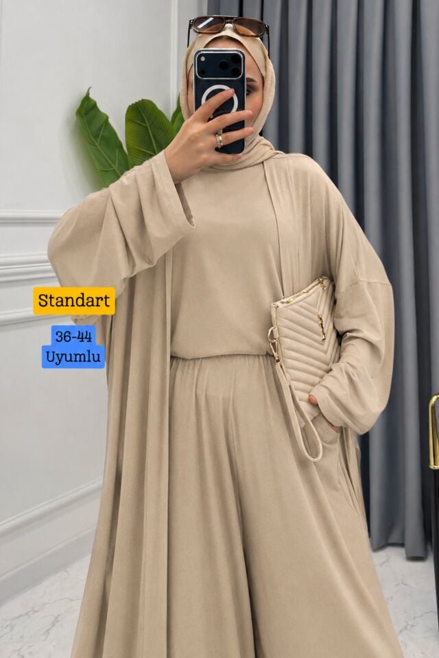 Balenbi Kadın Penye Uzun Hırka Bluz Geniş Paça Pantolon Abaya Takım 1217 Standart - Bej