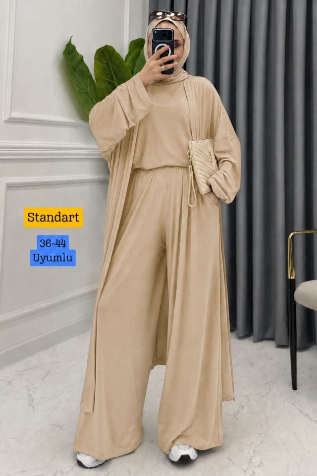 Balenbi Kadın Penye Uzun Hırka Bluz Geniş Paça Pantolon Abaya Takım 1217 Standart - Bej