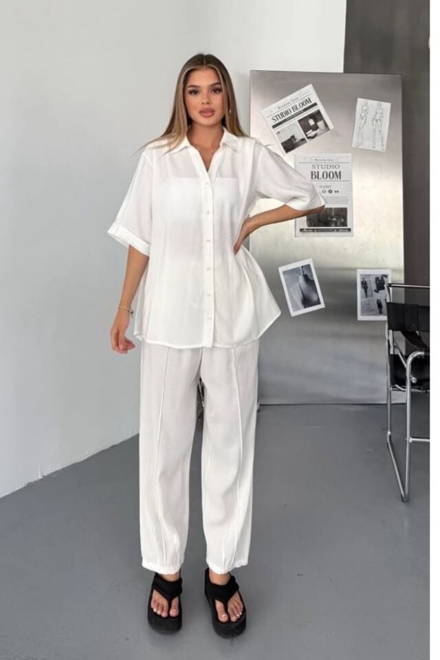 Feela Moda Kadın Modal Dokuma Kısa Kol Salaş Takım 2014 36 - Beyaz