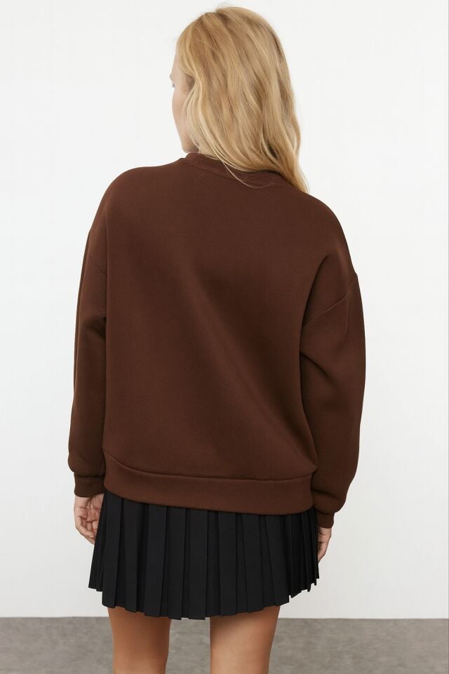 Balenbi Kadın 3 İplik İçi Polarlı Bisiklet Yaka Oversize Sweatshirt 1154 M - Kahverengi