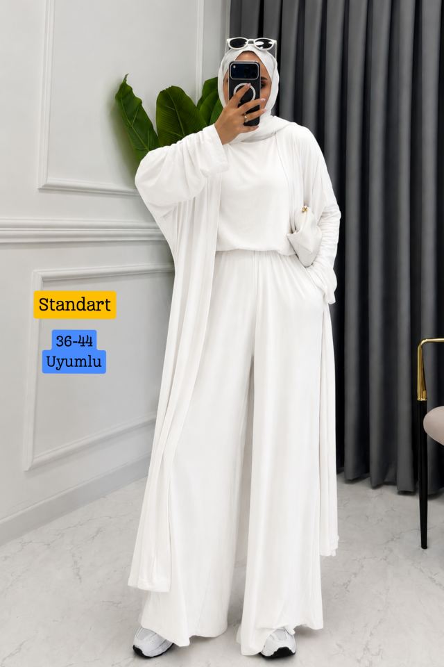 Balenbi Kadın Penye Uzun Hırka Bluz Geniş Paça Pantolon Abaya Takım 1217 Standart - Beyaz