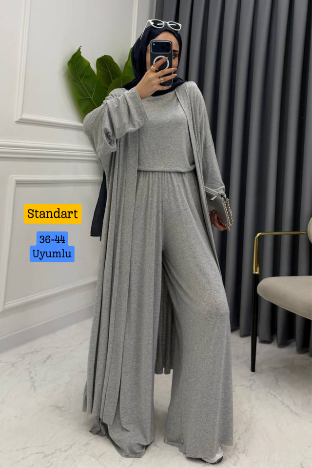 Balenbi Kadın Penye Uzun Hırka Bluz Geniş Paça Pantolon Abaya Takım 1217 Standart - Grimelanj