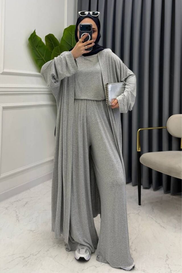 Balenbi Kadın Penye Uzun Hırka Bluz Geniş Paça Pantolon Abaya Takım 1217 Standart - Grimelanj