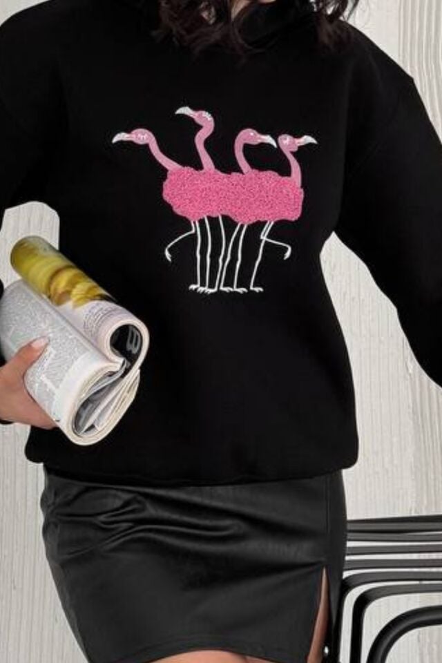 Balenbi 3 İplik İçi Polarlı Flamingo Nakışlı Kapüşonlu Sweatshirt 1159