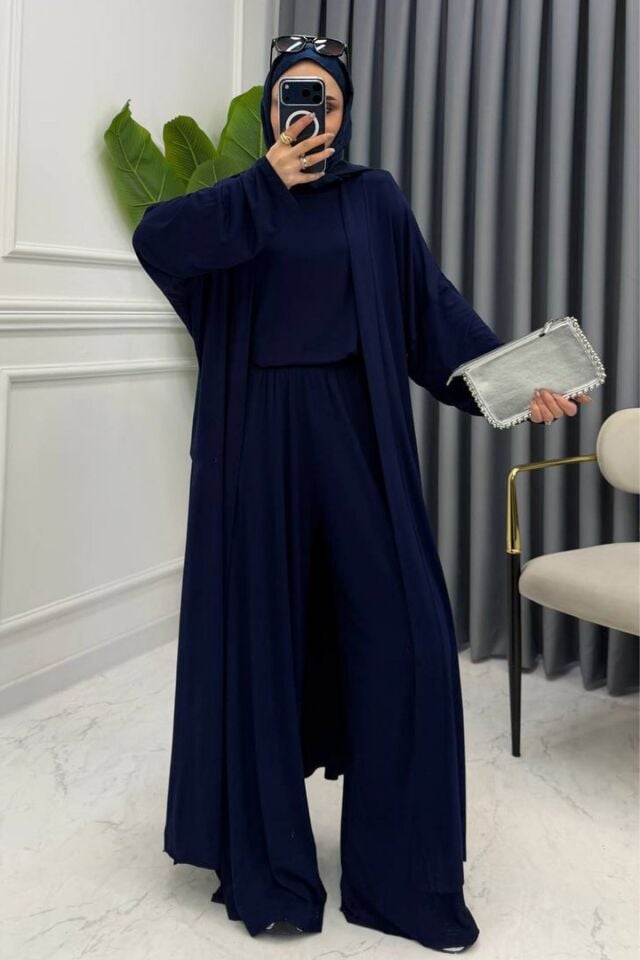 Balenbi Kadın Penye Uzun Hırka Bluz Geniş Paça Pantolon Abaya Takım 1217 Standart - Lacivert