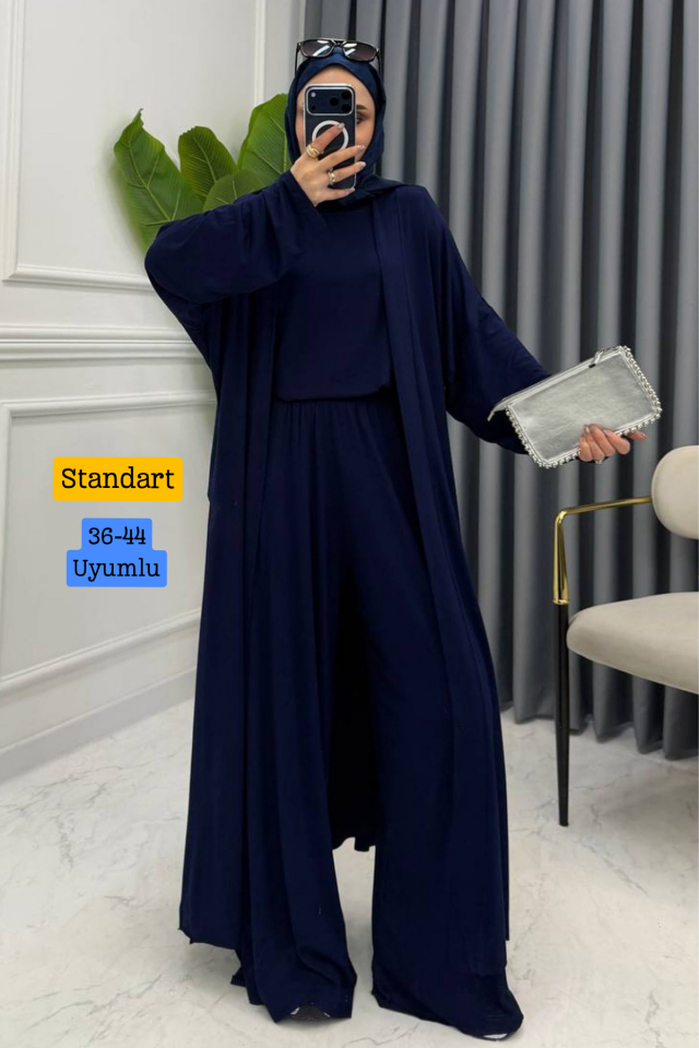 Balenbi Kadın Penye Uzun Hırka Bluz Geniş Paça Pantolon Abaya Takım 1217 Standart - Lacivert