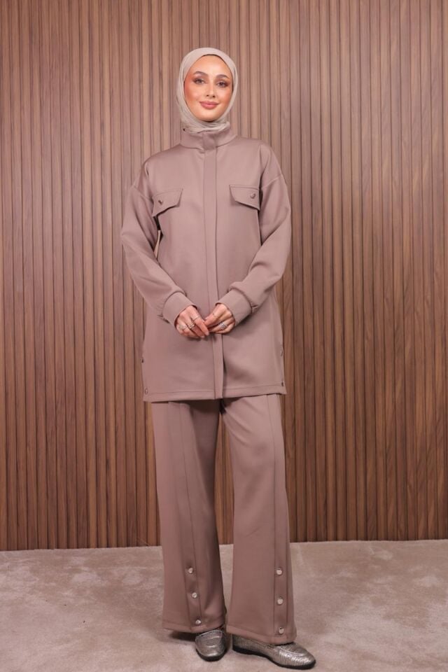 Balenbi Kadın Scuba Kumaş Pantolon Düğme Detaylı Tesettür Takım 1122 XL - Vizon