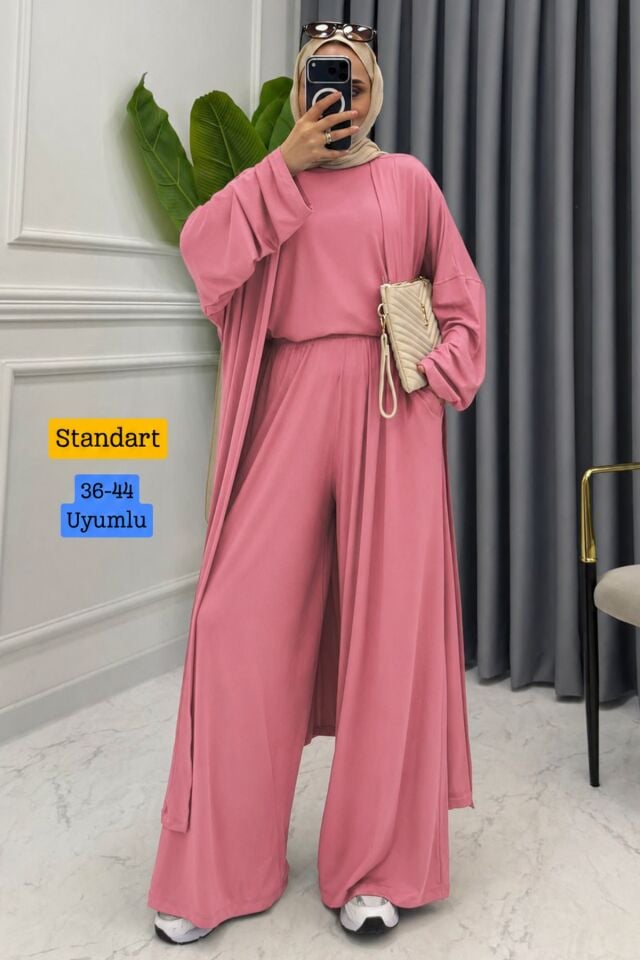 Balenbi Kadın Penye Uzun Hırka Bluz Geniş Paça Pantolon Abaya Takım 1217 Standart - Pembe