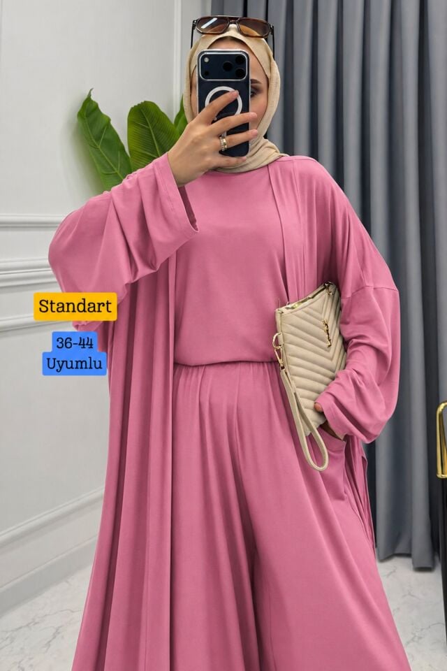 Balenbi Kadın Penye Uzun Hırka Bluz Geniş Paça Pantolon Abaya Takım 1217 Standart - Pembe