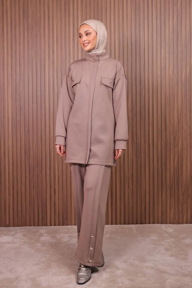 Balenbi Kadın Scuba Kumaş Pantolon Düğme Detaylı Tesettür Takım 1122 Vizon - XL