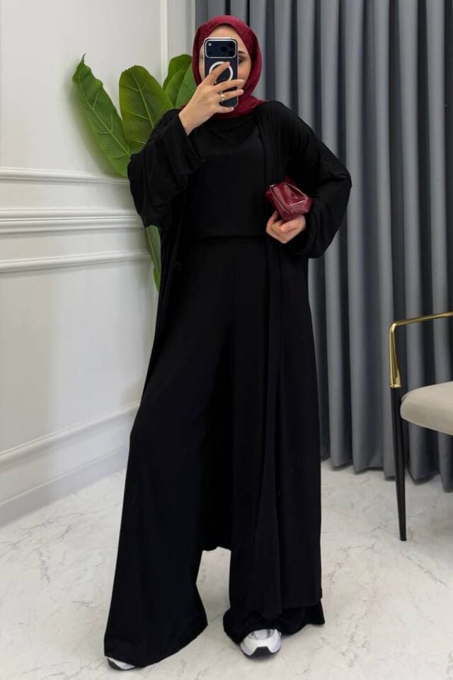 Balenbi Kadın Penye Uzun Hırka Bluz Geniş Paça Pantolon Abaya Takım 1217 Standart - Siyah