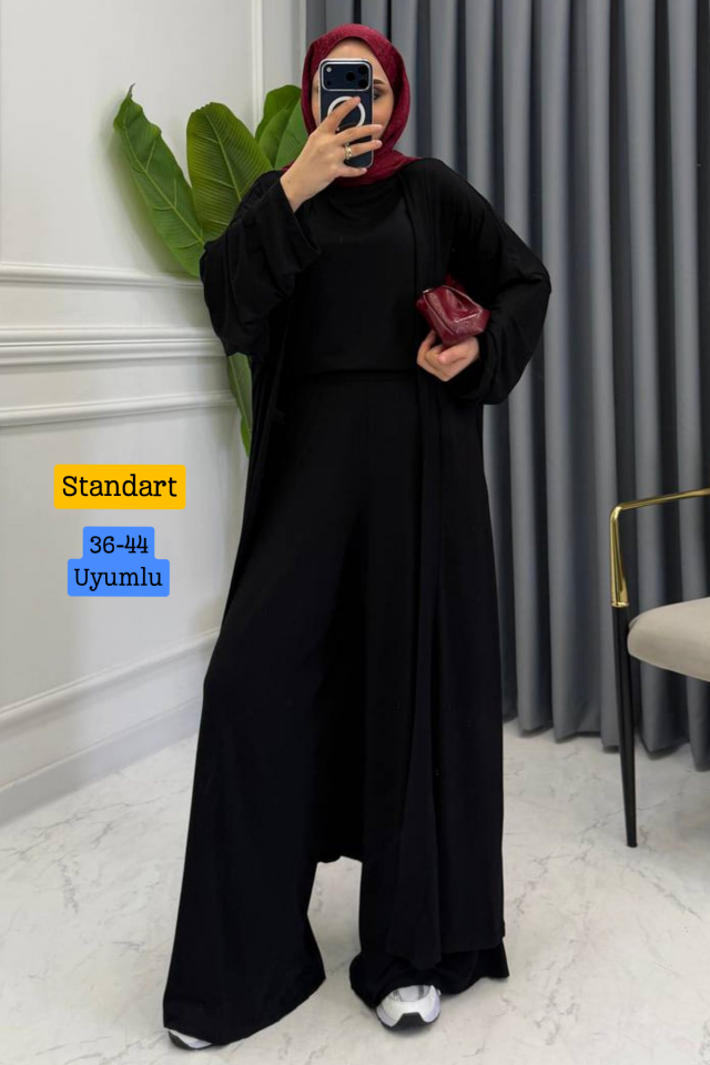 Balenbi Kadın Penye Uzun Hırka Bluz Geniş Paça Pantolon Abaya Takım 1217 Standart - Siyah