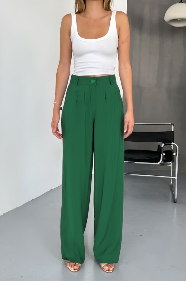 Feela Moda Kadın Modal Cupra Dokuma Pileli Palazzo Pantolon 2022 Yeşil - 36