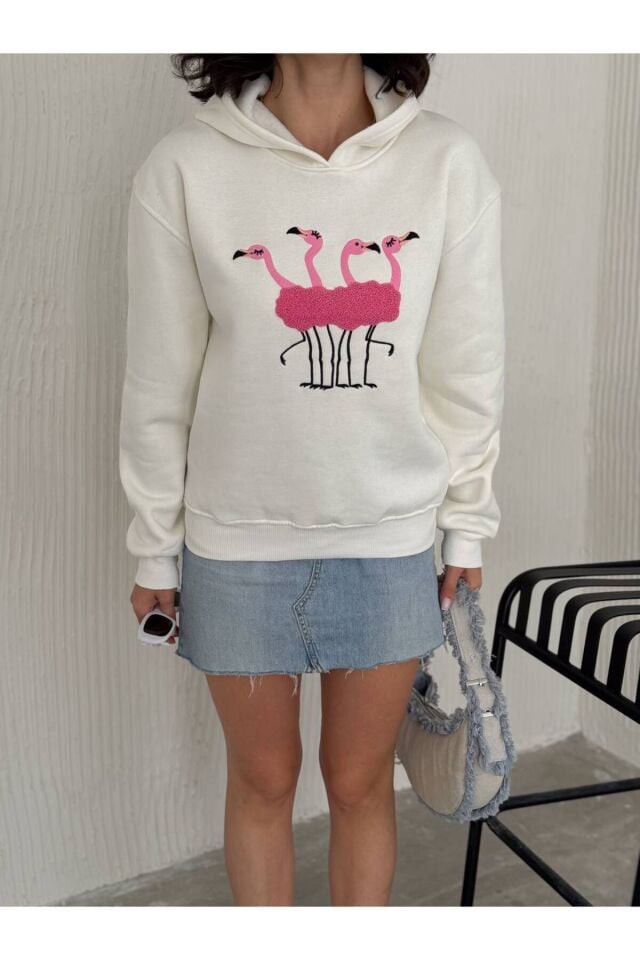Balenbi 3 İplik İçi Polarlı Flamingo Nakışlı Kapüşonlu Sweatshirt 1159 Ekru - L