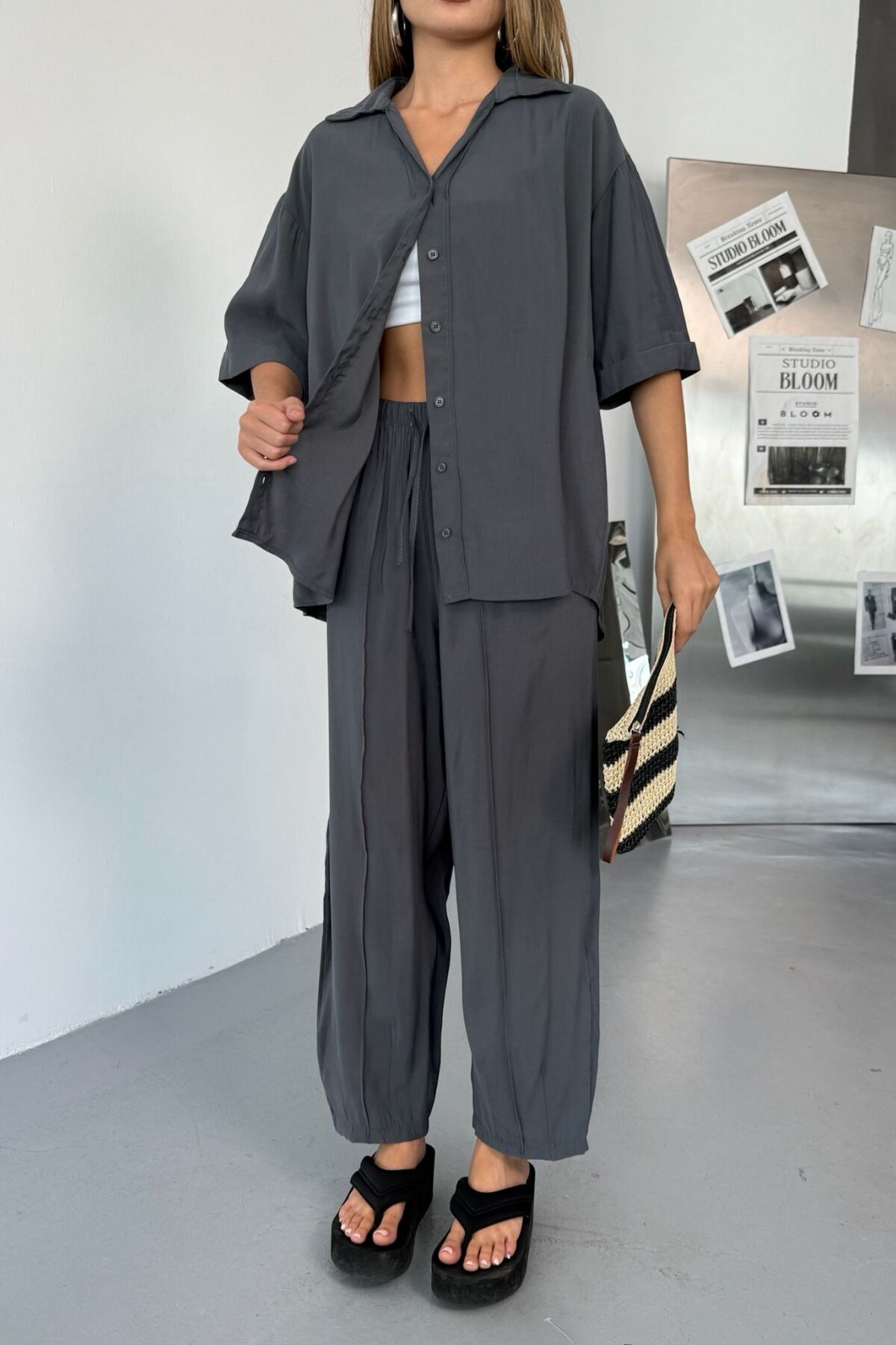 Feela Moda Kadın Modal Dokuma Kısa Kol Salaş Takım 2014 36 - Antrasit