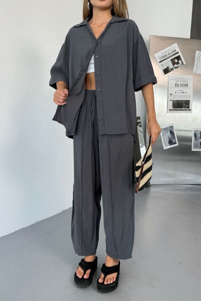 Feela Moda Kadın Modal Dokuma Kısa Kol Salaş Takım 2014 Antrasit - 36