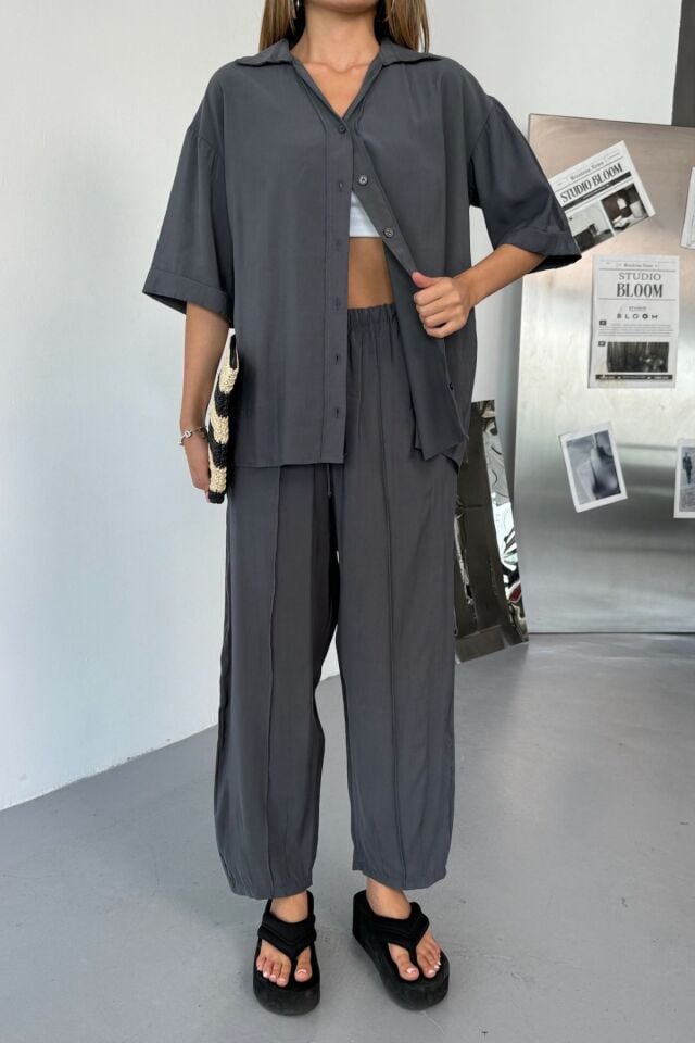 Feela Moda Kadın Modal Dokuma Kısa Kol Salaş Takım 2014 Antrasit - 36