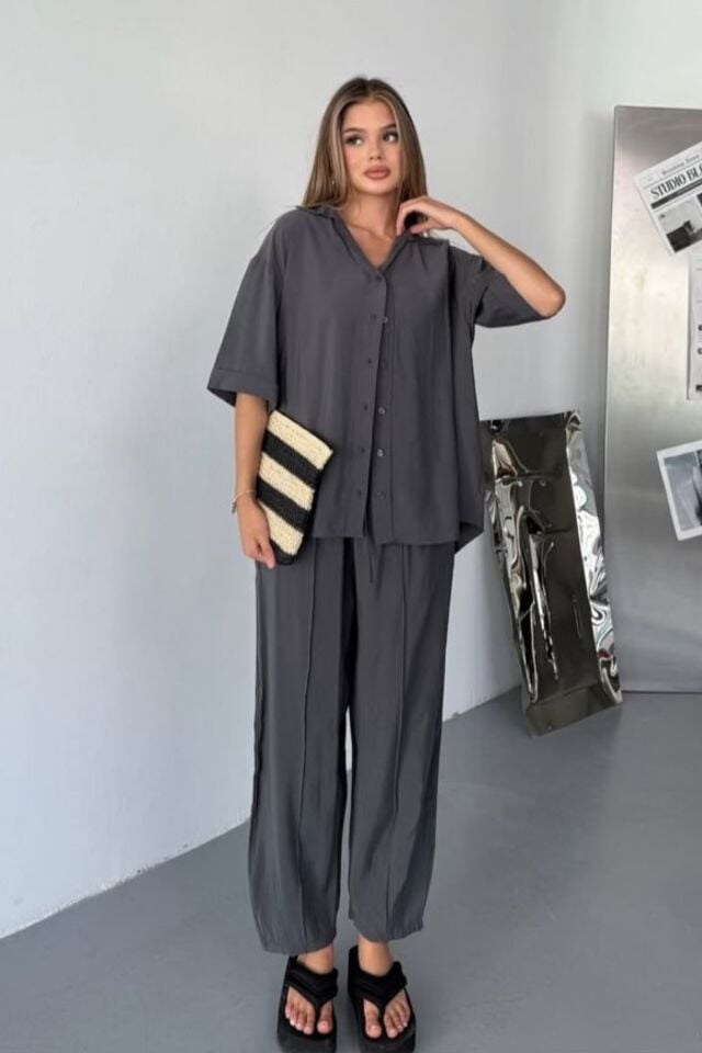 Feela Moda Kadın Modal Dokuma Kısa Kol Salaş Takım 2014 36 - Antrasit