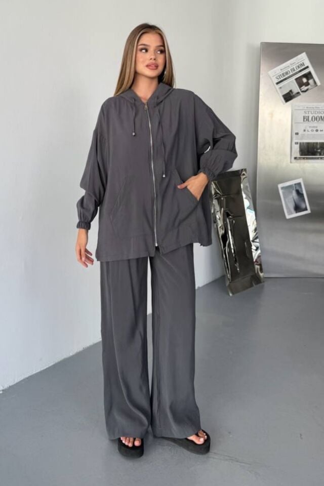 Feela Moda Kadın Kapüşonlu Modal Dokuma Oversize Takım 2013 Antrasit - 36