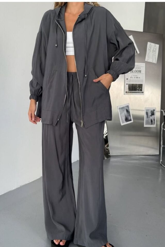 Feela Moda Kadın Kapüşonlu Modal Dokuma Oversize Takım 2013 Antrasit - 36