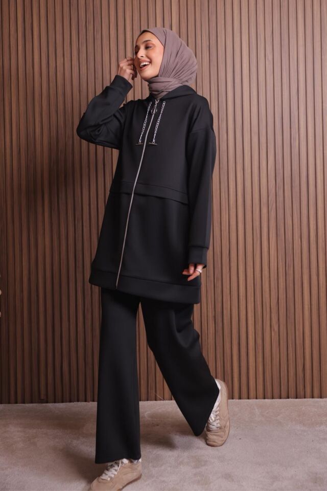 Balenbi Kadın Zincir Kordonlu Kapüşonlu İthal Scuba Tesettür Takım 1121 2XL - Siyah