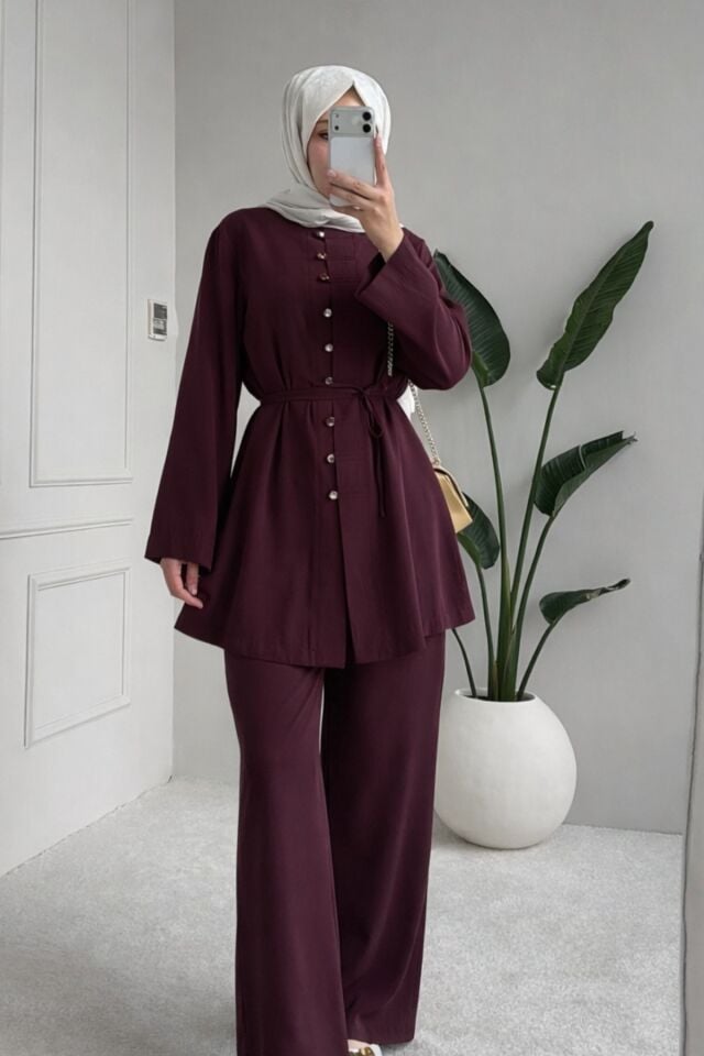 Balenbi Rahat Kesim Düğme Detaylı Tesettür Kadın Tnsel Takım 1166 – Form Serisi Mürdüm - 44