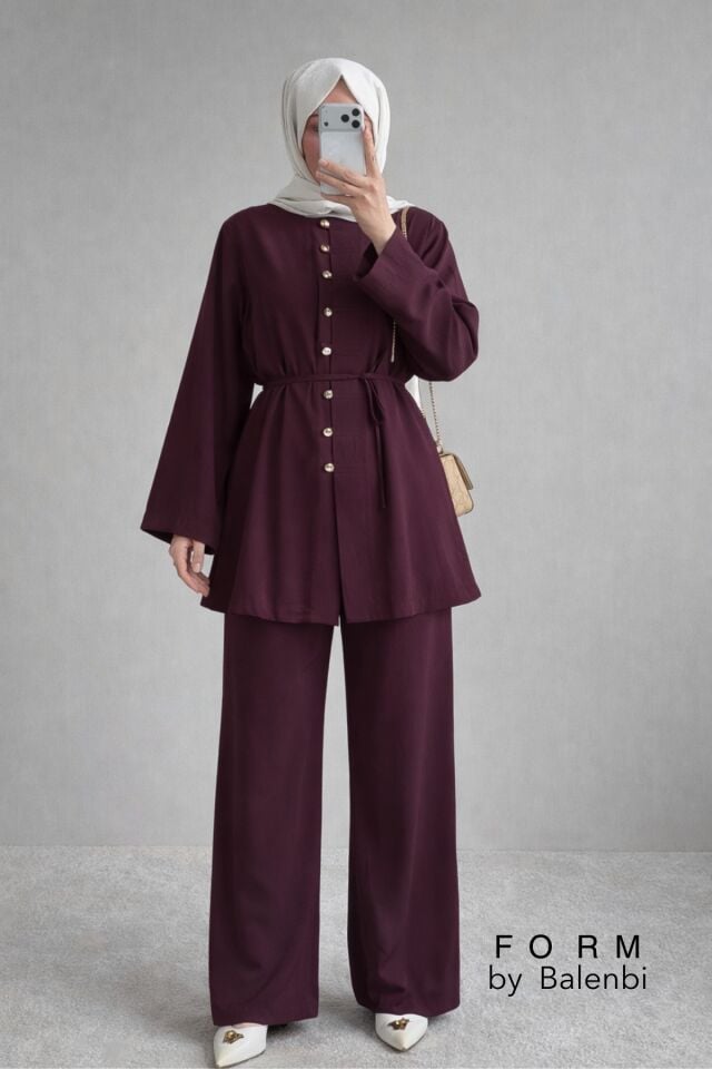 Balenbi Rahat Kesim Düğme Detaylı Tesettür Kadın Tnsel Takım 1166 – Form Serisi Mürdüm - 44