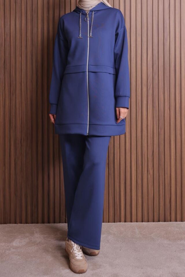 Balenbi Kadın Zincir Kordonlu Kapüşonlu İthal Scuba Tesettür Takım 1121 Lacivert - M