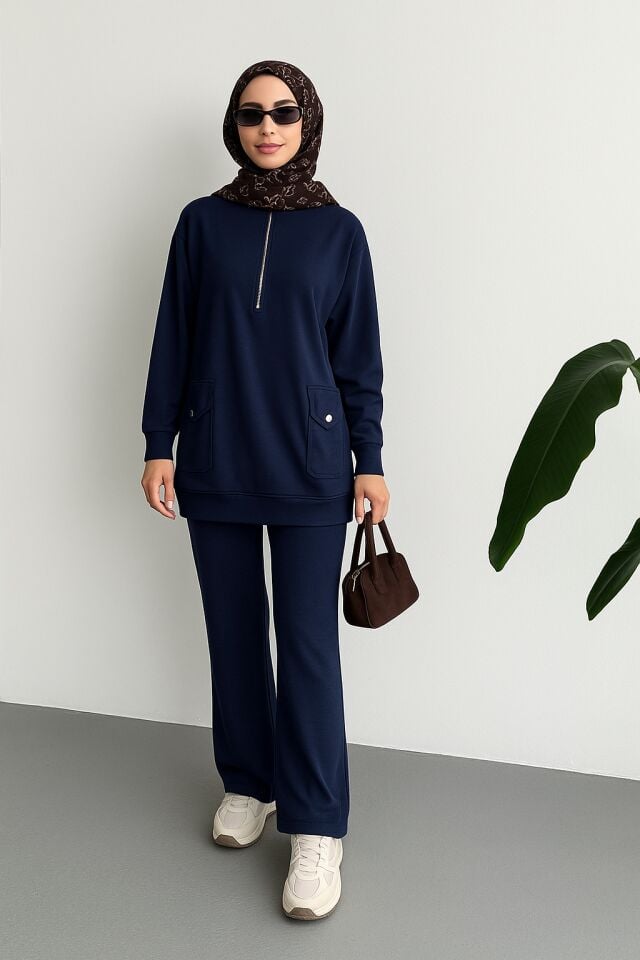Feela Moda Kadın Modal Oversize Metal Fermuar Tesettür Tunik Takım 2021 S - Lacivert