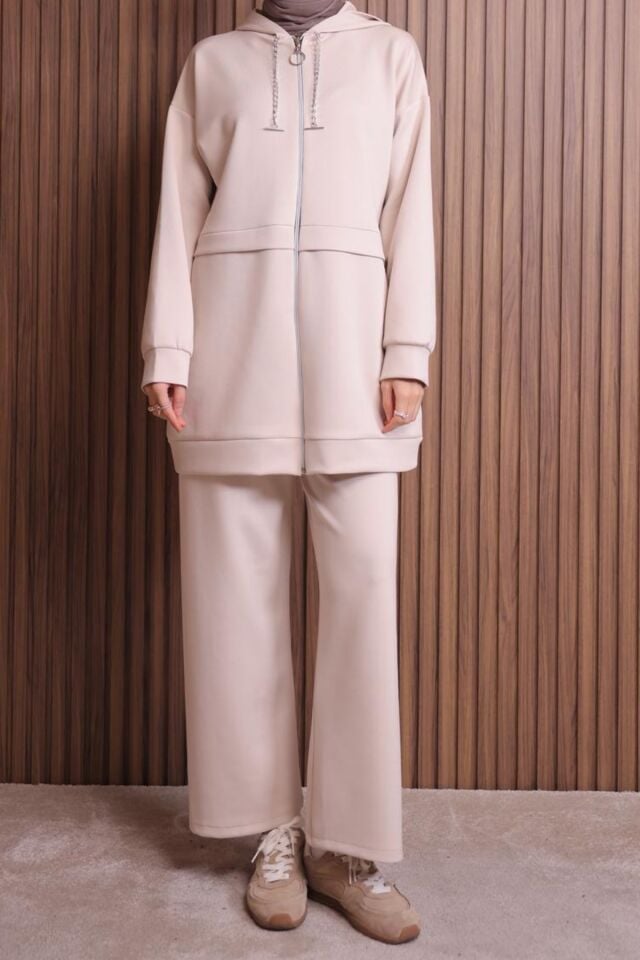 Balenbi Kadın Zincir Kordonlu Kapüşonlu İthal Scuba Tesettür Takım 1121 Bej - XL