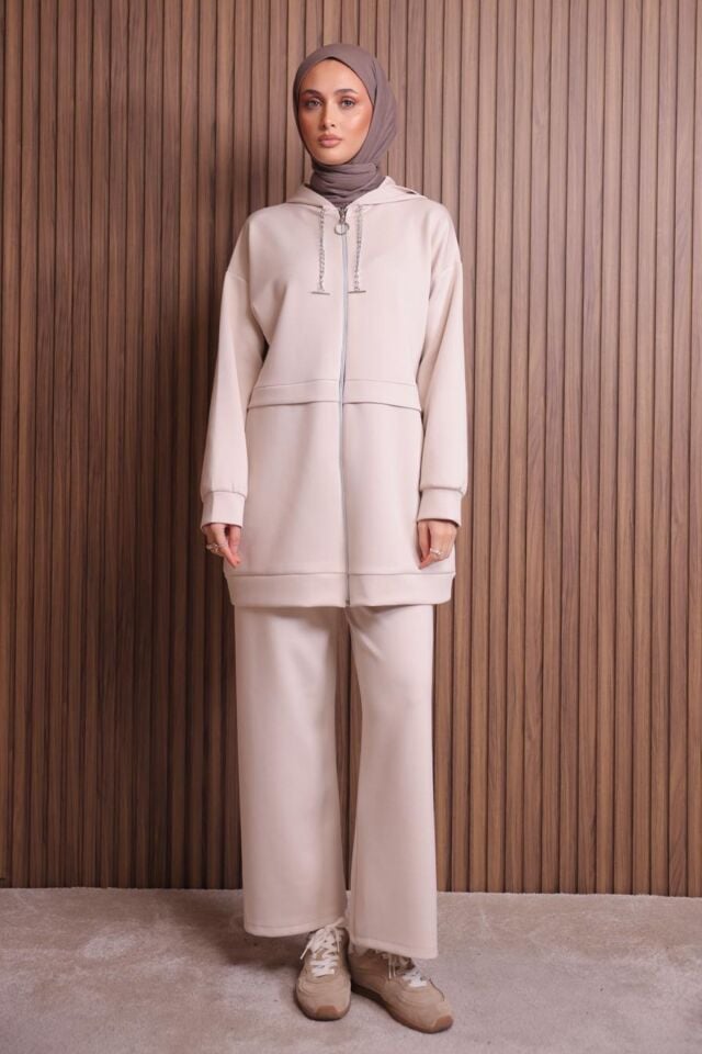 Balenbi Kadın Zincir Kordonlu Kapüşonlu İthal Scuba Tesettür Takım 1121 Bej - XL