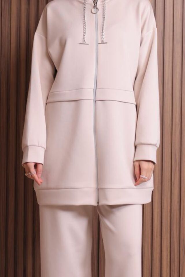 Balenbi Kadın Zincir Kordonlu Kapüşonlu İthal Scuba Tesettür Takım 1121 XL - Bej