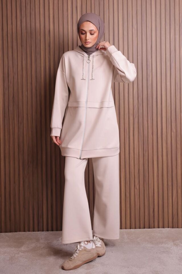 Balenbi Kadın Zincir Kordonlu Kapüşonlu İthal Scuba Tesettür Takım 1121 XL - Bej