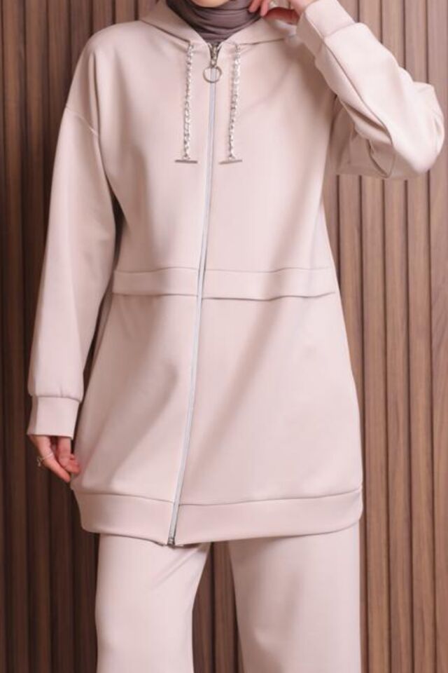 Balenbi Kadın Zincir Kordonlu Kapüşonlu İthal Scuba Tesettür Takım 1121 XL - Bej