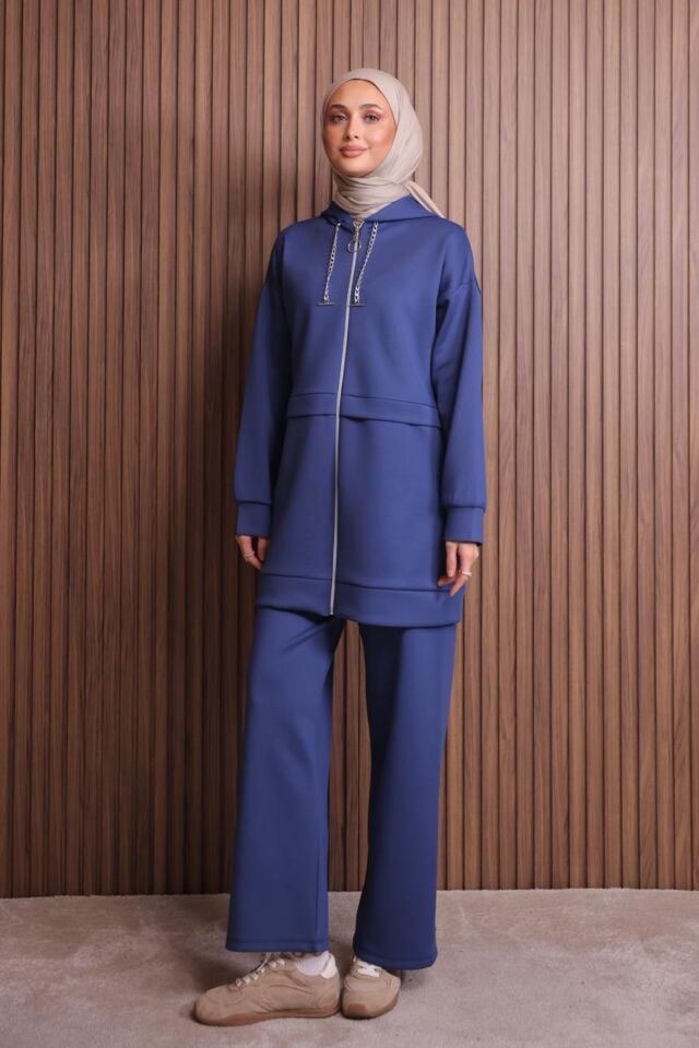 Balenbi Kadın Zincir Kordonlu Kapüşonlu İthal Scuba Tesettür Takım 1121 XL - Lacivert