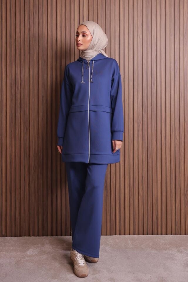 Balenbi Kadın Zincir Kordonlu Kapüşonlu İthal Scuba Tesettür Takım 1121 XL - Lacivert