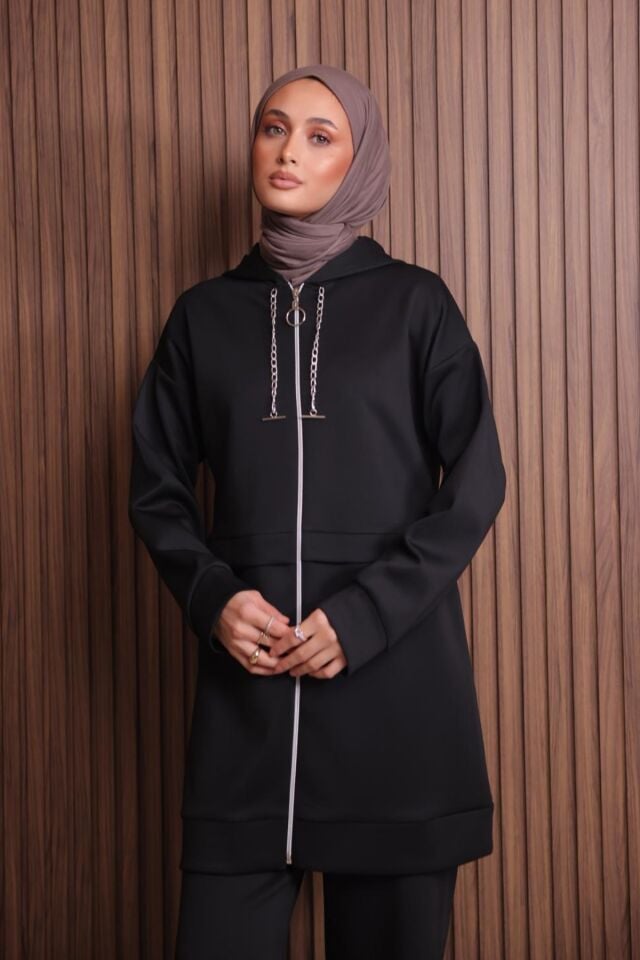 Balenbi Kadın Zincir Kordonlu Kapüşonlu İthal Scuba Tesettür Takım 1121 XL - Siyah