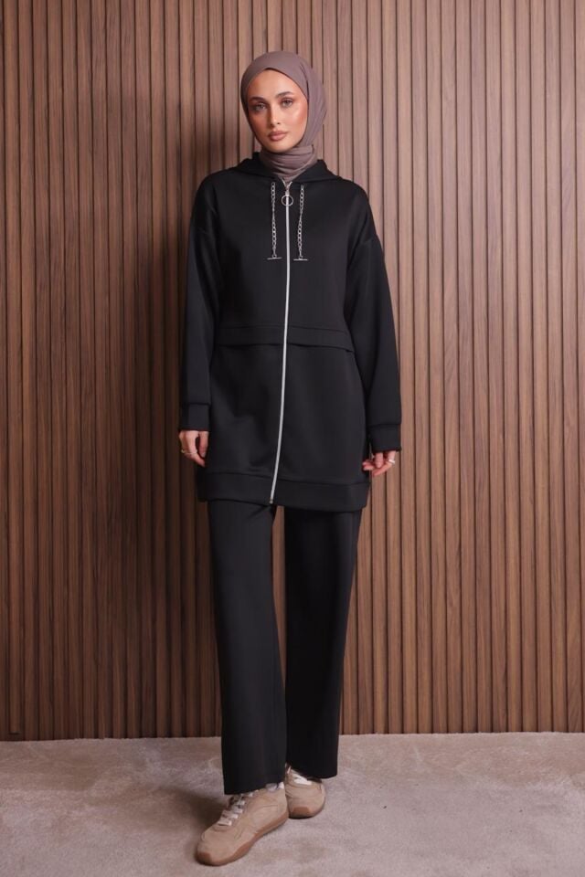 Balenbi Kadın Zincir Kordonlu Kapüşonlu İthal Scuba Tesettür Takım 1121 XL - Siyah