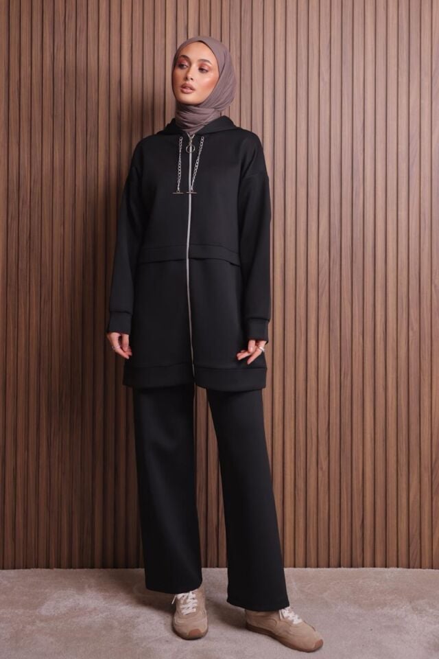 Balenbi Kadın Zincir Kordonlu Kapüşonlu İthal Scuba Tesettür Takım 1121 XL - Siyah