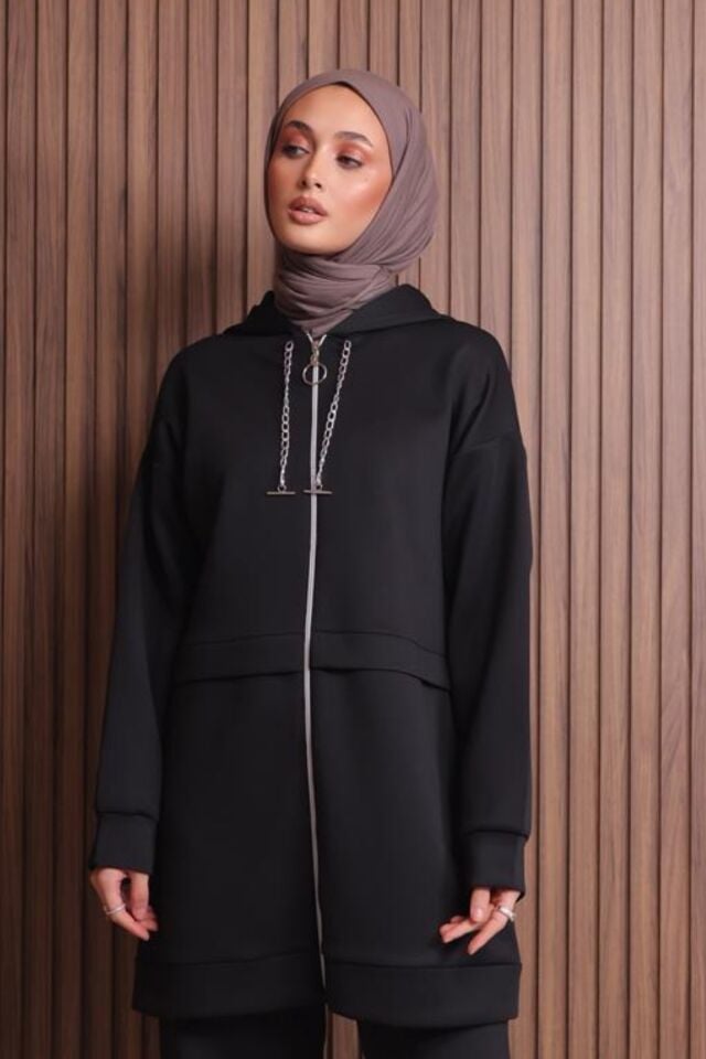 Balenbi Kadın Zincir Kordonlu Kapüşonlu İthal Scuba Tesettür Takım 1121 XL - Siyah