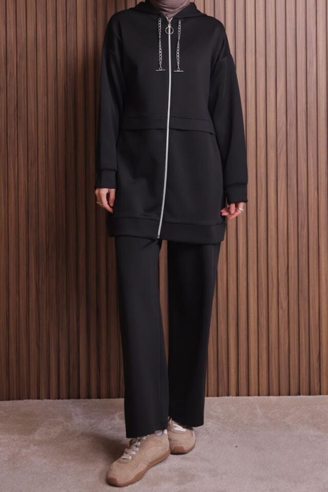 Balenbi Kadın Zincir Kordonlu Kapüşonlu İthal Scuba Tesettür Takım 1121 Siyah - XL