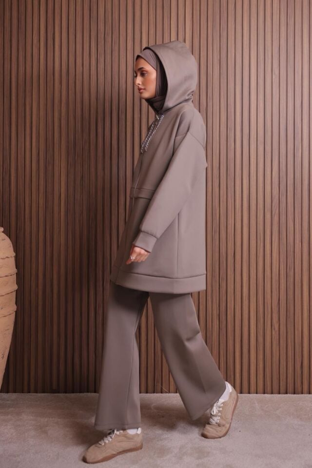 Balenbi Kadın Zincir Kordonlu Kapüşonlu İthal Scuba Tesettür Takım 1121 XL - Vizon