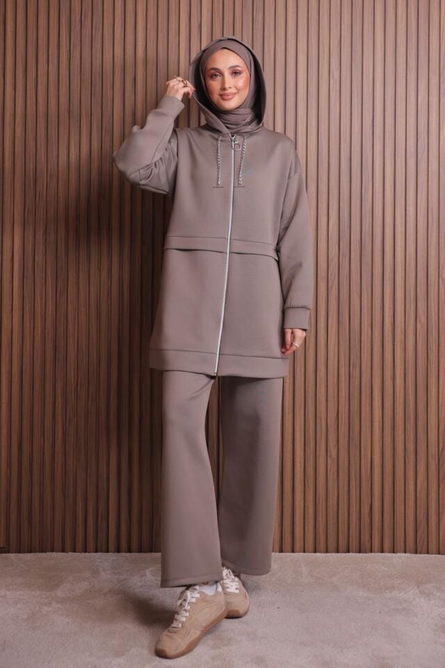 Balenbi Kadın Zincir Kordonlu Kapüşonlu İthal Scuba Tesettür Takım 1121 XL - Vizon