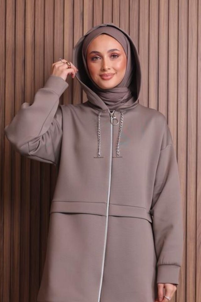 Balenbi Kadın Zincir Kordonlu Kapüşonlu İthal Scuba Tesettür Takım 1121 XL - Vizon